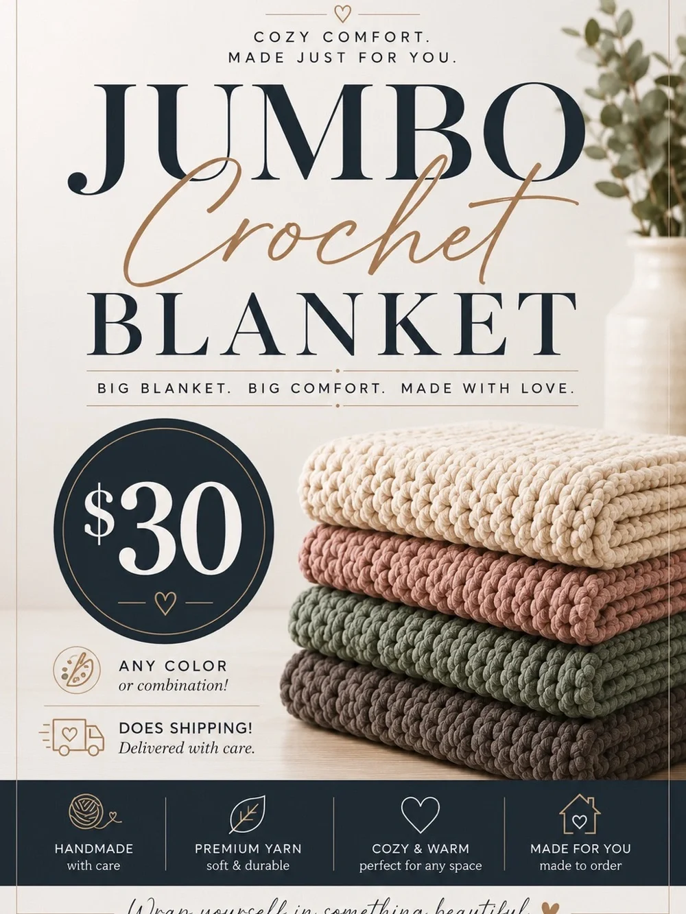Handmade Jumbo Crochet Blanket — All colors